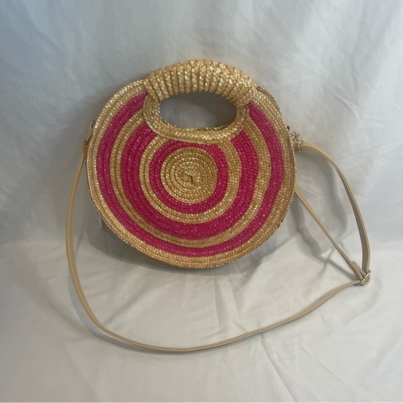 Mud Pie NWT Round Straw Bag with Hot Pink Circles Shoulder Strap and Handles - Picture 8 of 16